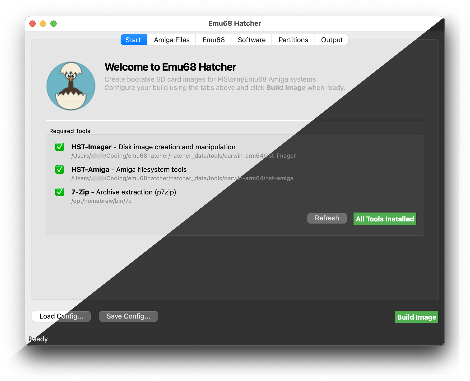 Emu68 Hatcher main window (macOS, light + dark)