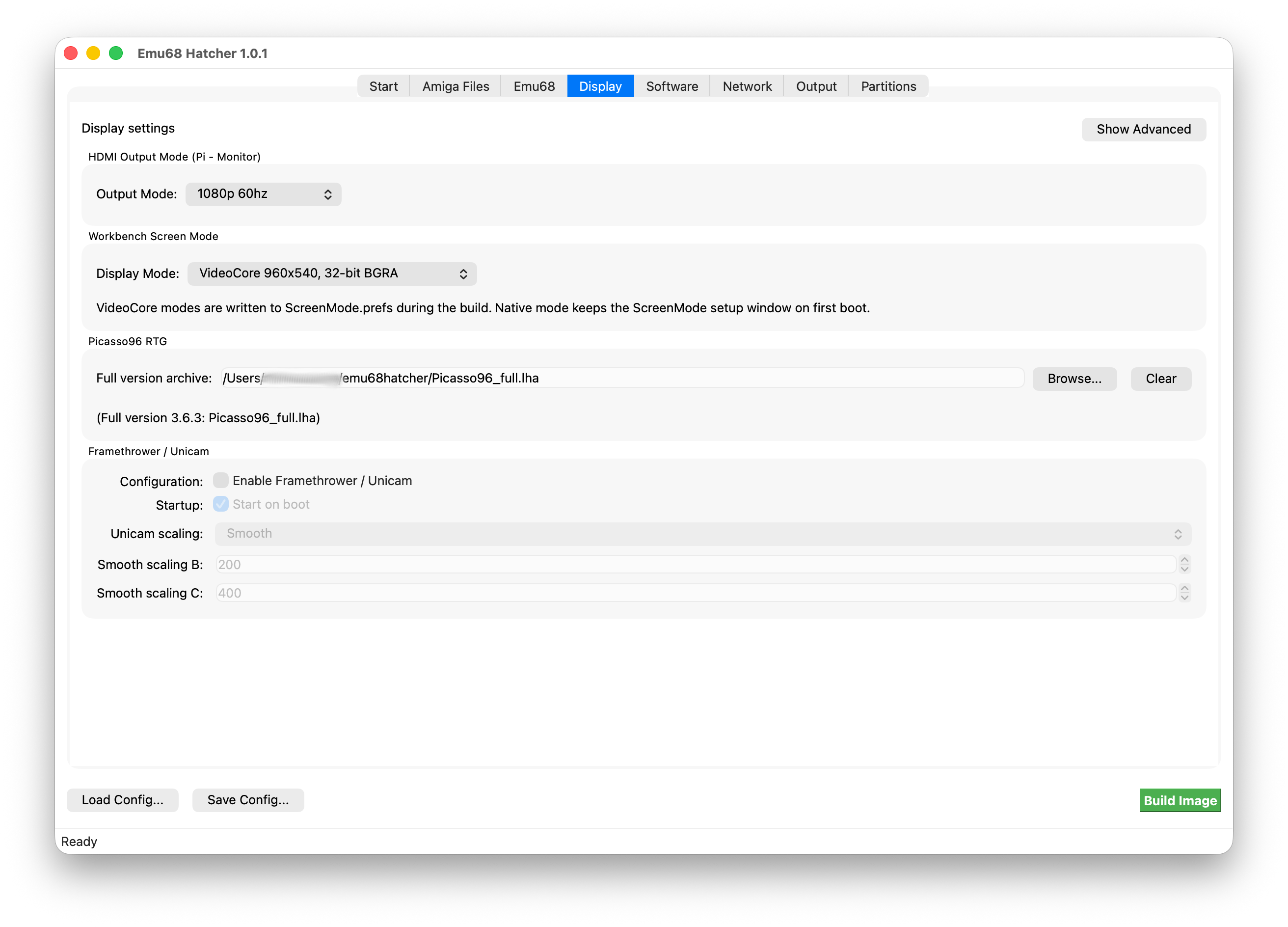 Display tab with HDMI, Workbench and Framethrower settings