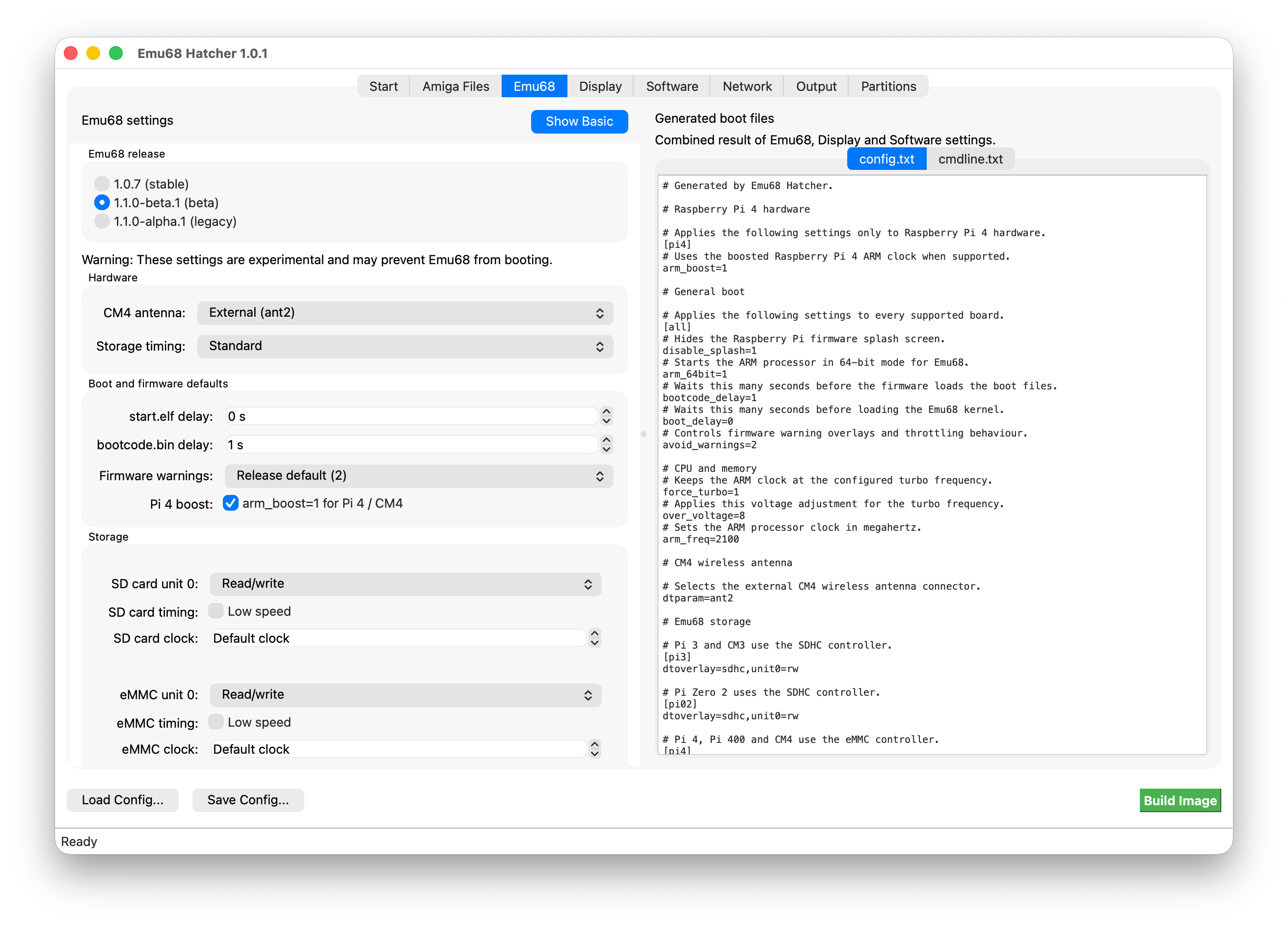 Emu68 tab with release selection and generated boot files