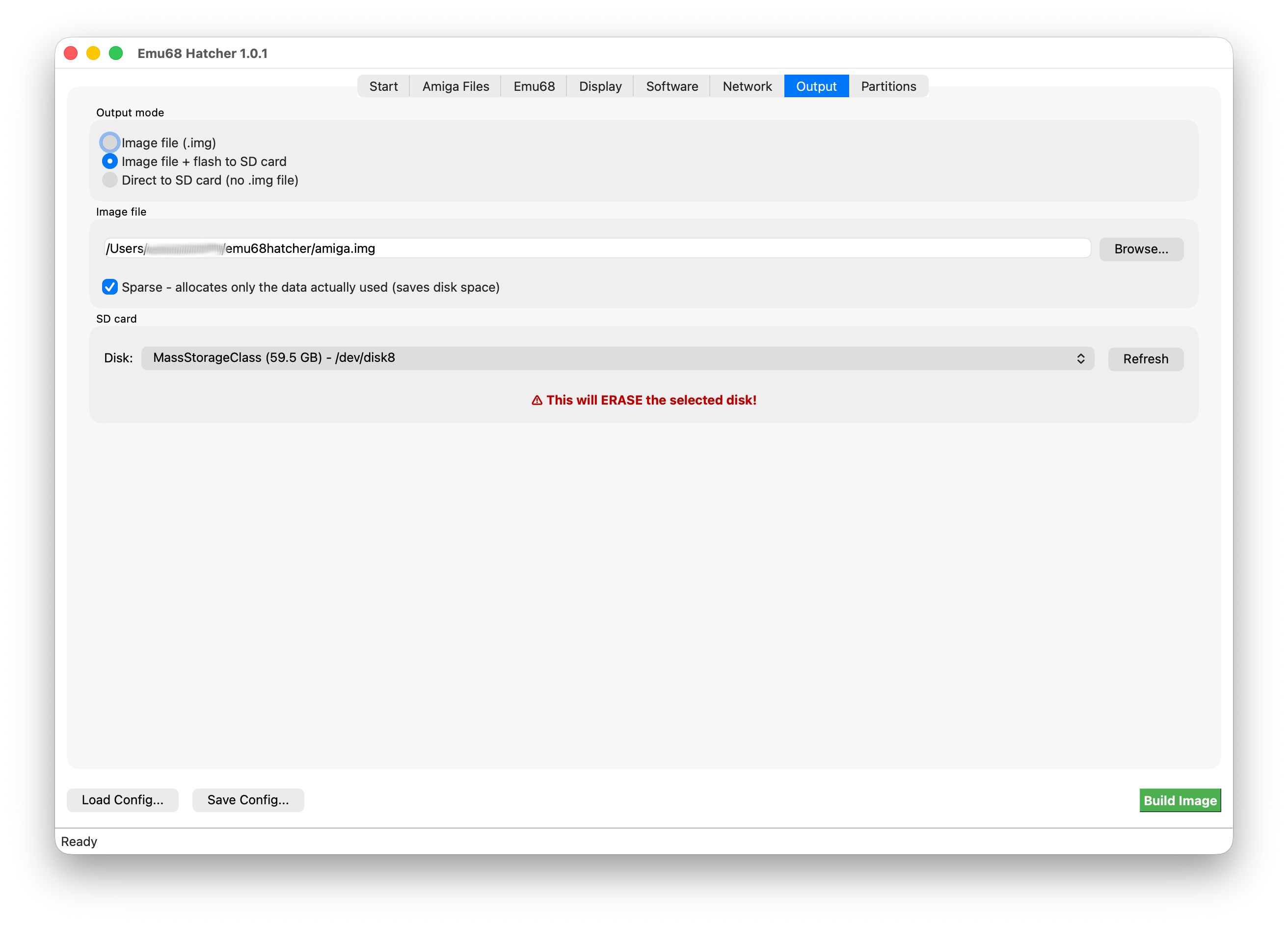 Output tab set to build an image and flash it to SD