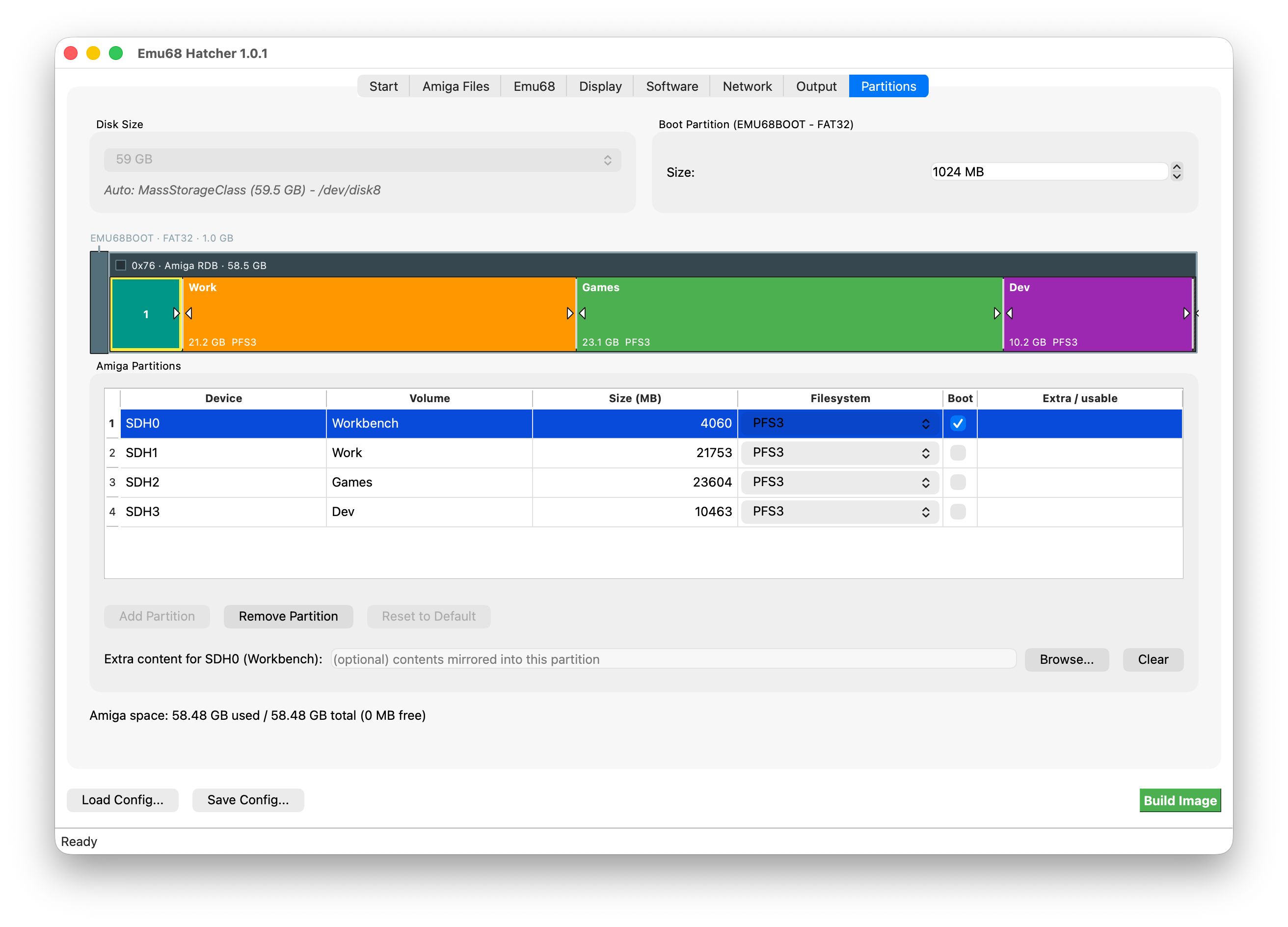 Partitions tab with four Amiga partitions